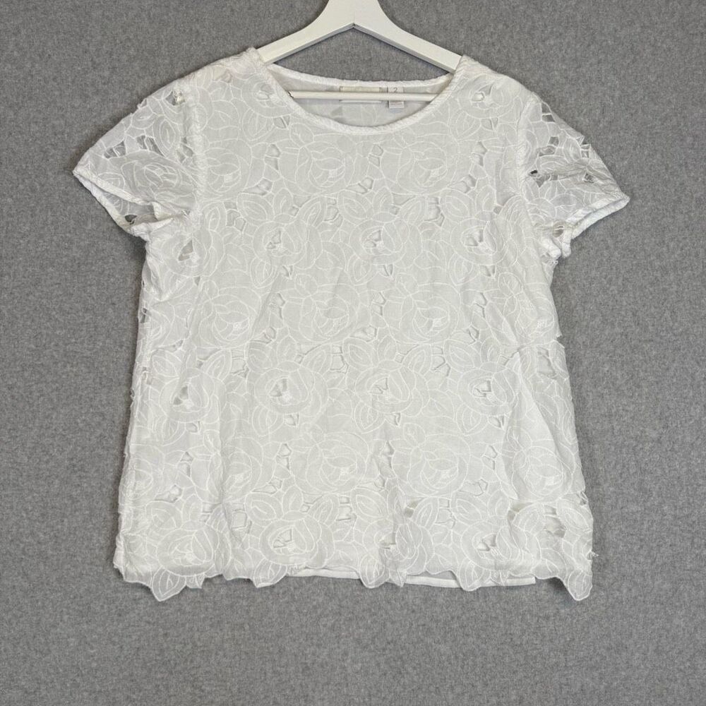 Chico's Size 2 White Floral Lace Short Sleeve Top Blouse Shirt Crew Neck